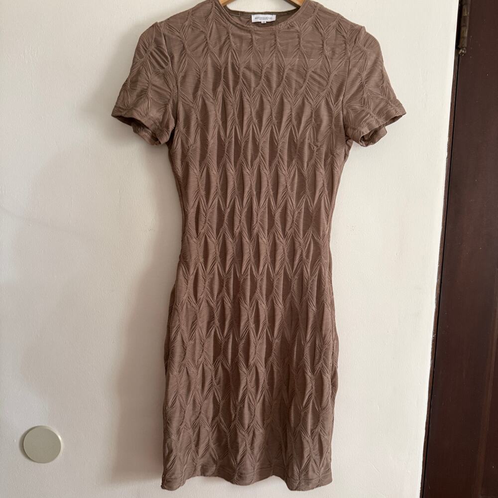 MISTRESS ROCKS | Hardwired Taupe Smocked Bodycon Midi Dress Medium